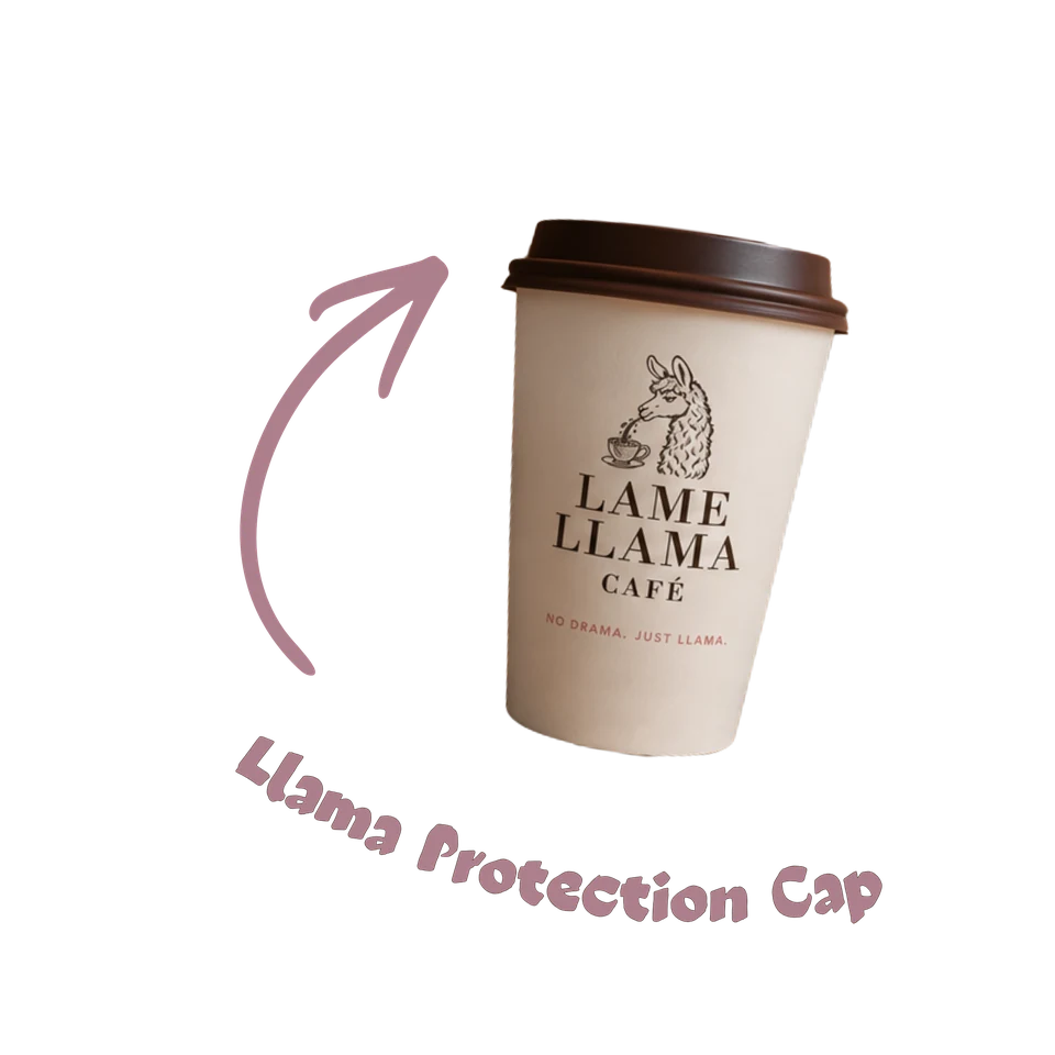 Lame Llama takeaway cup with Llama Protection Cap