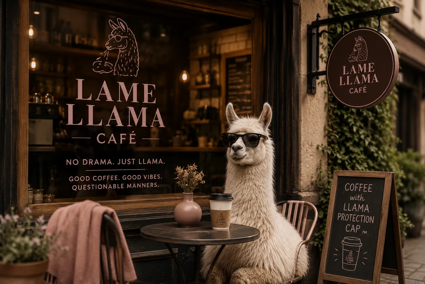 Lame Llama Café exterior with a llama wearing sunglasses at a café table